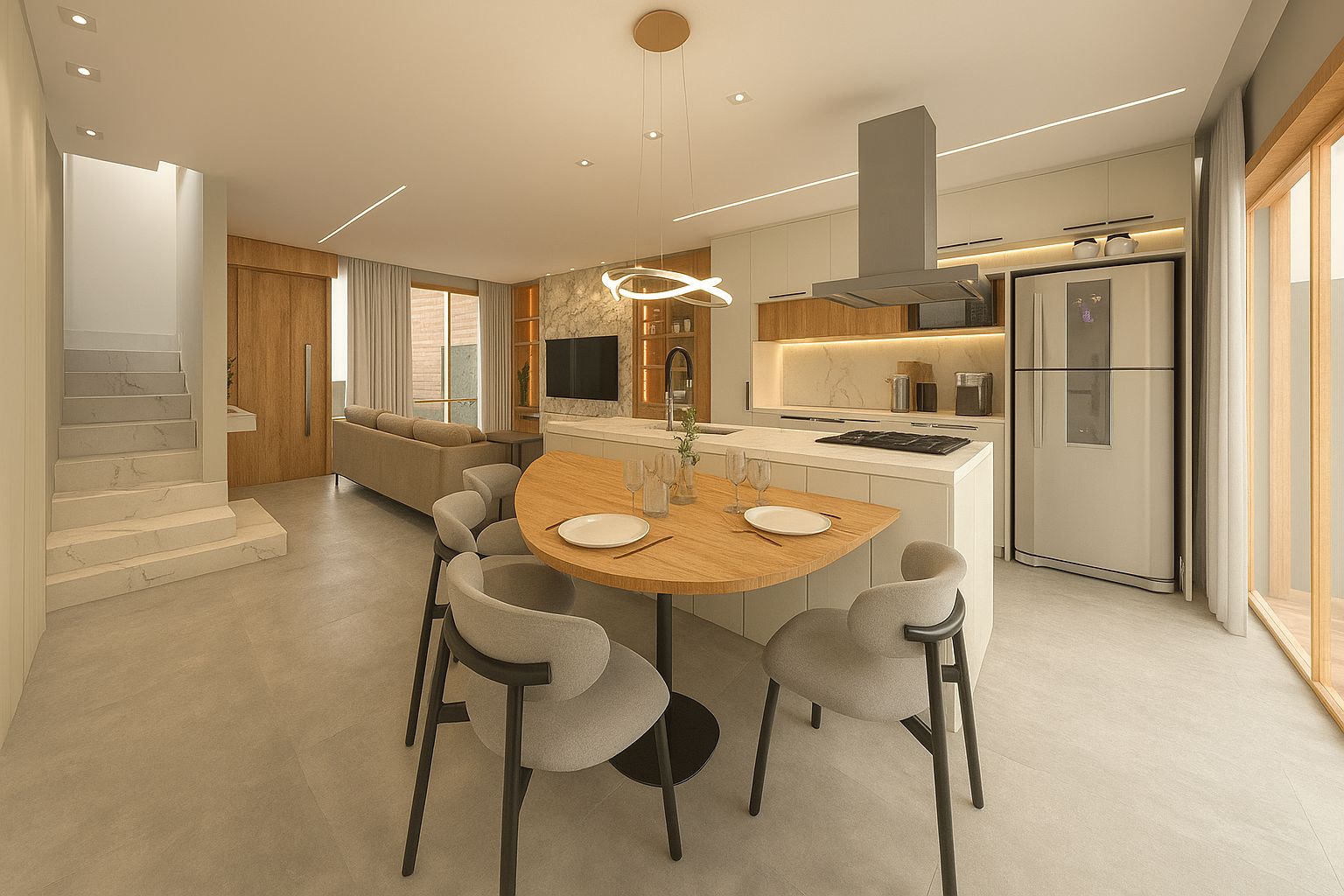 Cozinha e sala integradas com ilha e pendente dourado
